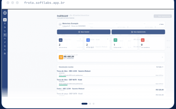 Painel do SoftLabs Frota com veículos, abastecimentos e manutenções recentes